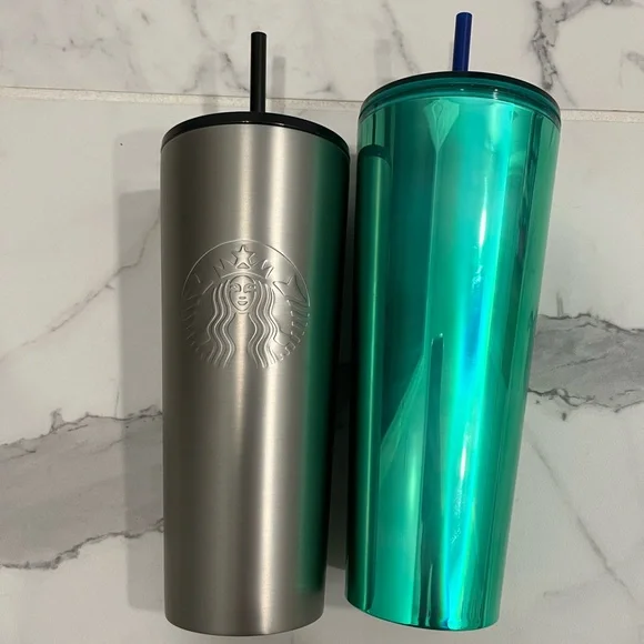 New Starbucks Cup Green Shiny Blue Straw